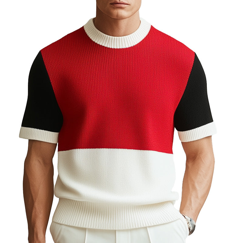Men's Summer Contrast Color Thin Knitted Breathable Short-Sleeved T-Shirt MTA2562D0P