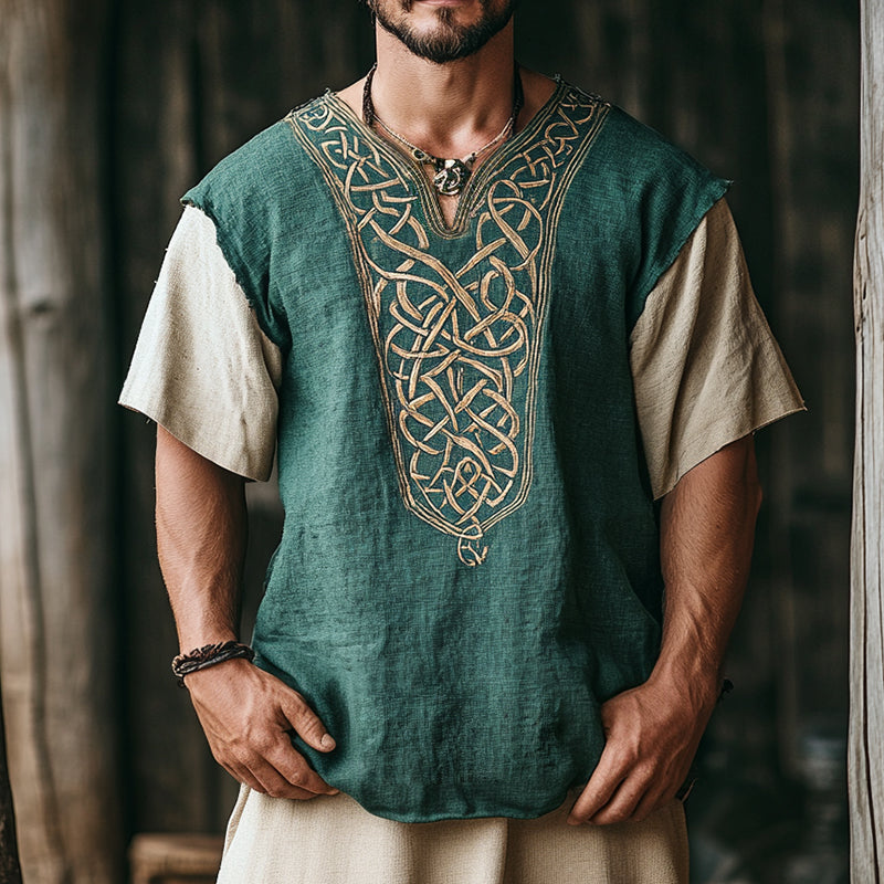 Men's Retro Casual Viking Totem Collarless Linen Short Sleeve Shirt MTA2514D2TO