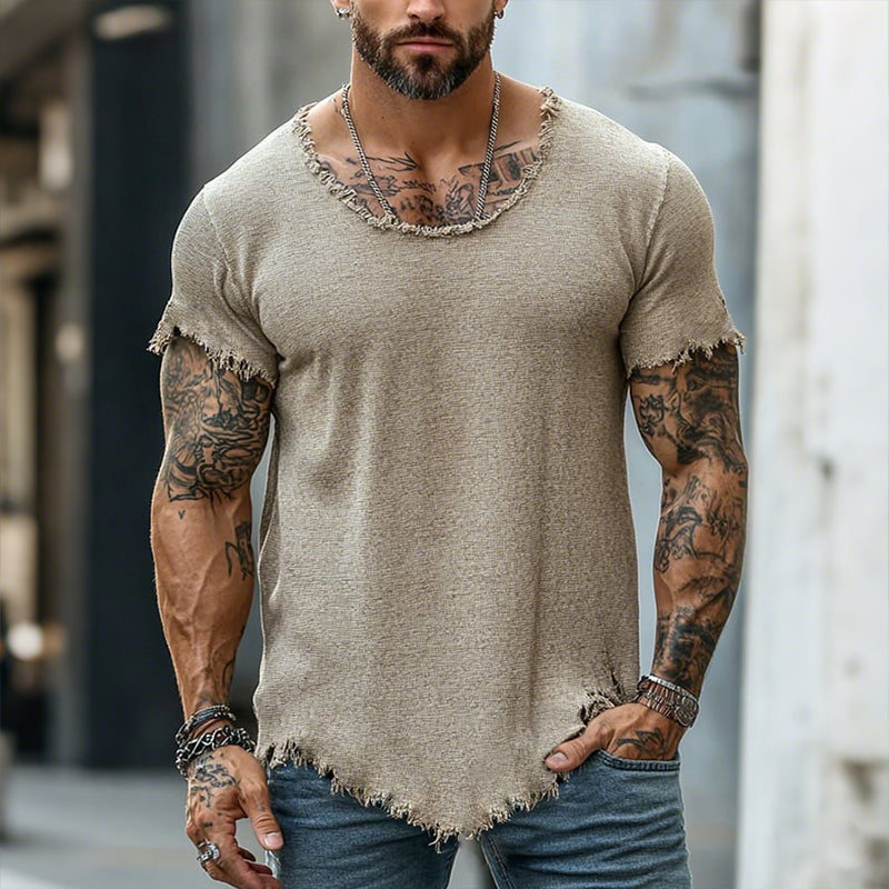 Men's Retro Casual Raw Edge Ripped Round Neck Short Sleeve T-Shirt MTA2587D5TO