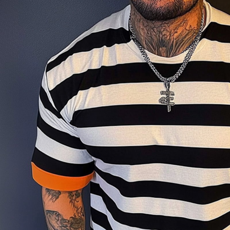 Men's Retro Casual Striped Round Neck Short Sleeve T-Shirt MTA2551D1TO