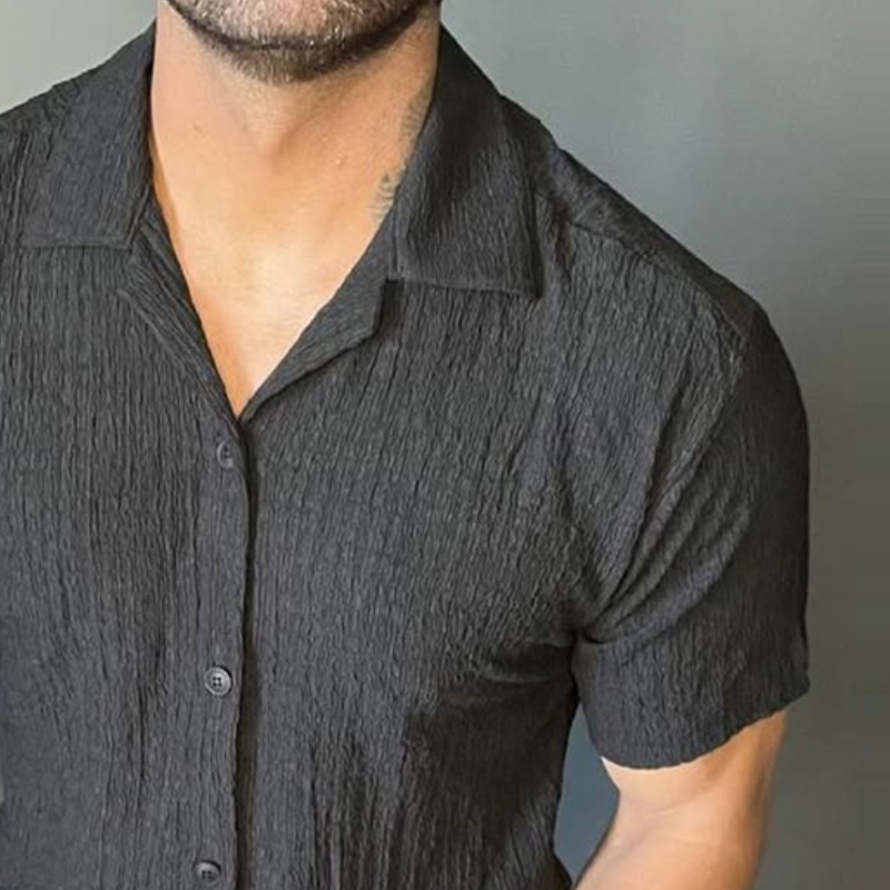 Men's Retro Casual Pleated Solid Color Lapel Short Sleeve Shirt MTA2588D3TO