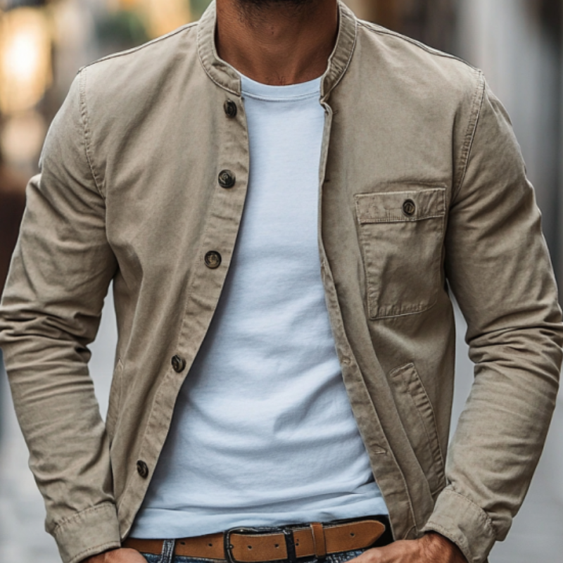 Men's Casual Cotton Washed Stand Collar Single Breasted Slim Fit Jacket MTA2579D8M