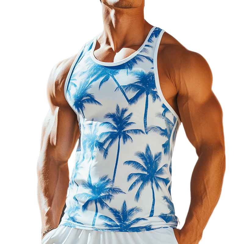 Men's Retro Casual Coconut Tree Print Crew Neck Tank Top MTA2562D9TO