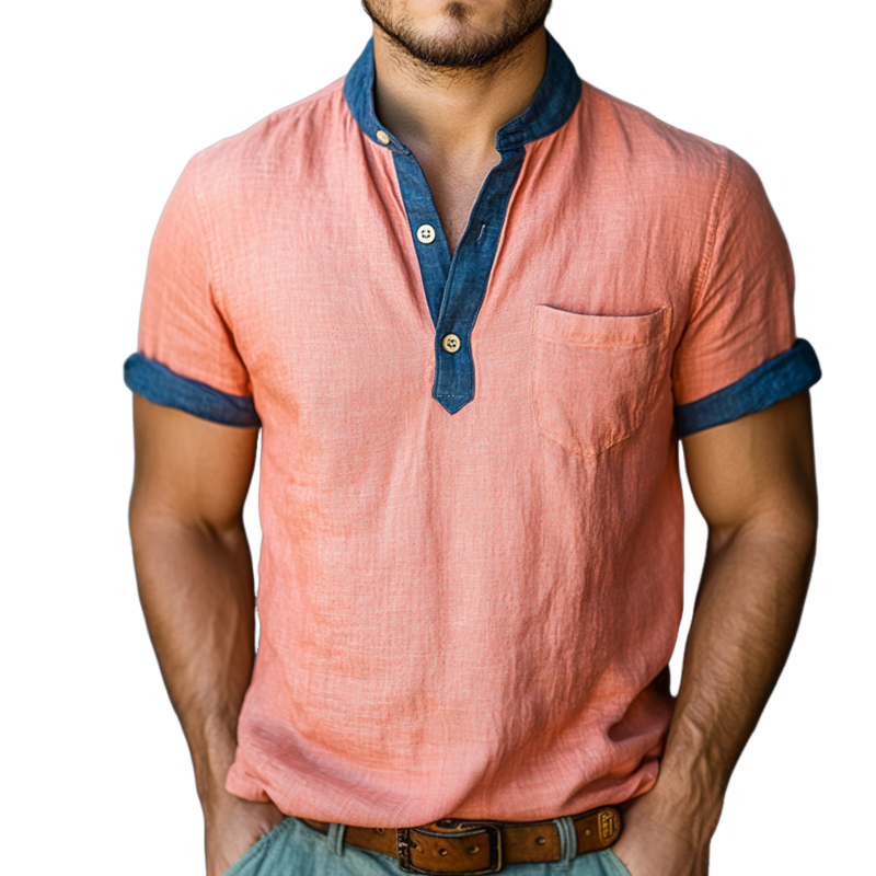 Men's Retro Casual Washed Linen Colorblock Henley Collar Short Sleeve Shirt MTA2505D7TO