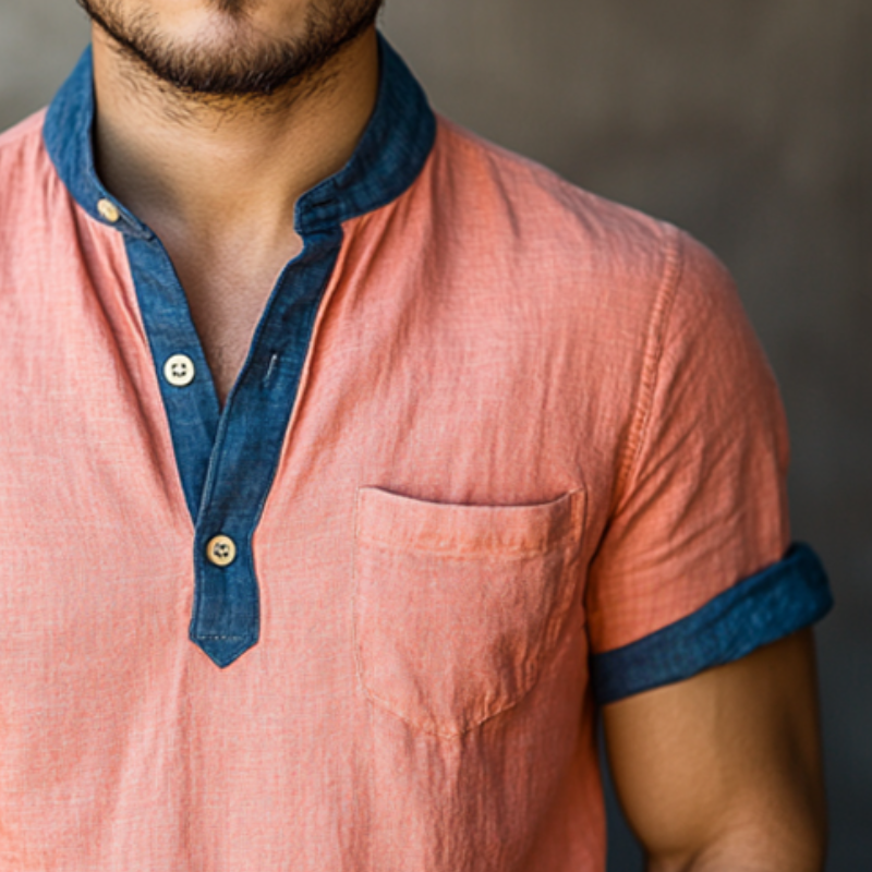 Men's Retro Casual Washed Linen Colorblock Henley Collar Short Sleeve Shirt MTA2505D7TO