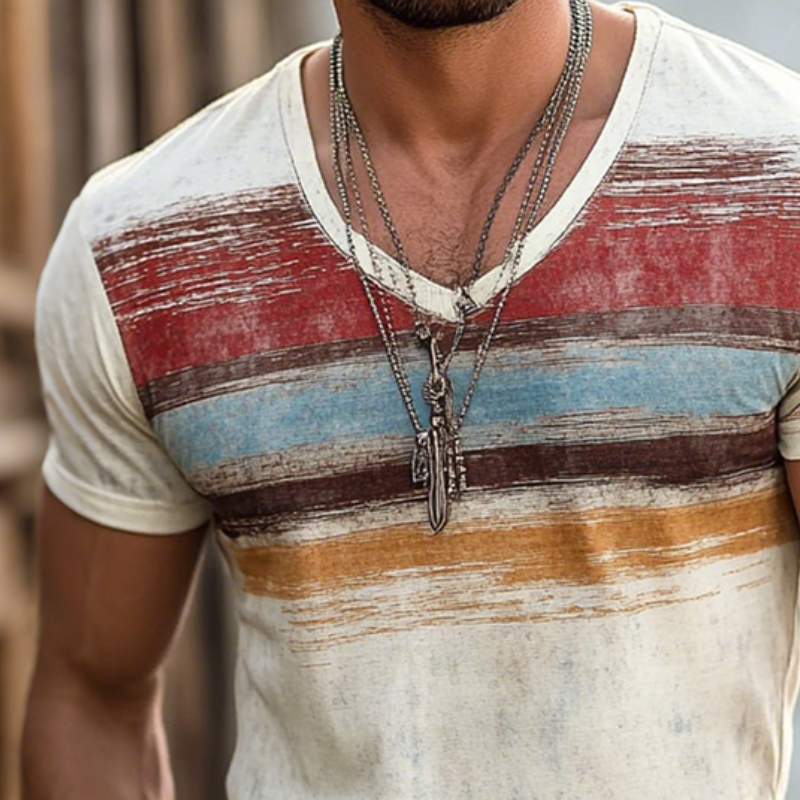 Men's Retro Casual Shabby Striped Printed V-Neck Short Sleeve T-Shirt MTA2517D8TO