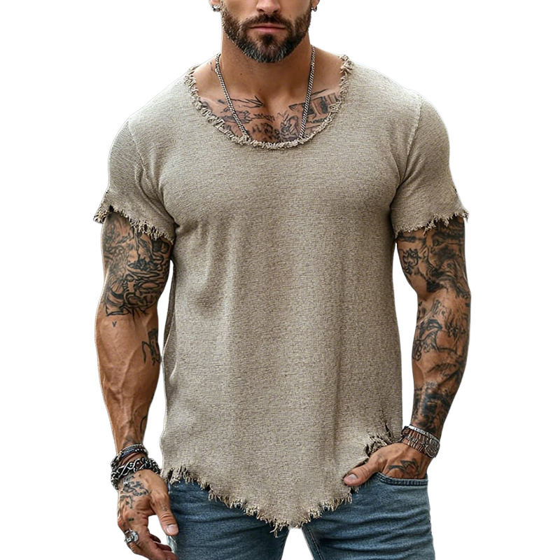 Men's Retro Casual Raw Edge Ripped Round Neck Short Sleeve T-Shirt MTA2587D5TO