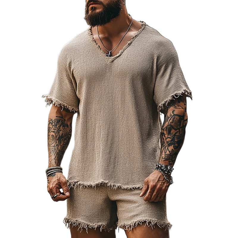 Men's Retro Casual Ripped V-Neck Short Sleeve T-Shirt Shorts Two-Piece Set MTA2558D2TO