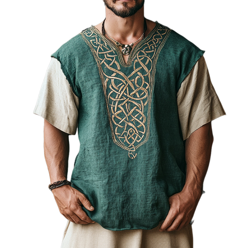 Men's Retro Casual Viking Totem Collarless Linen Short Sleeve Shirt MTA2514D2TO