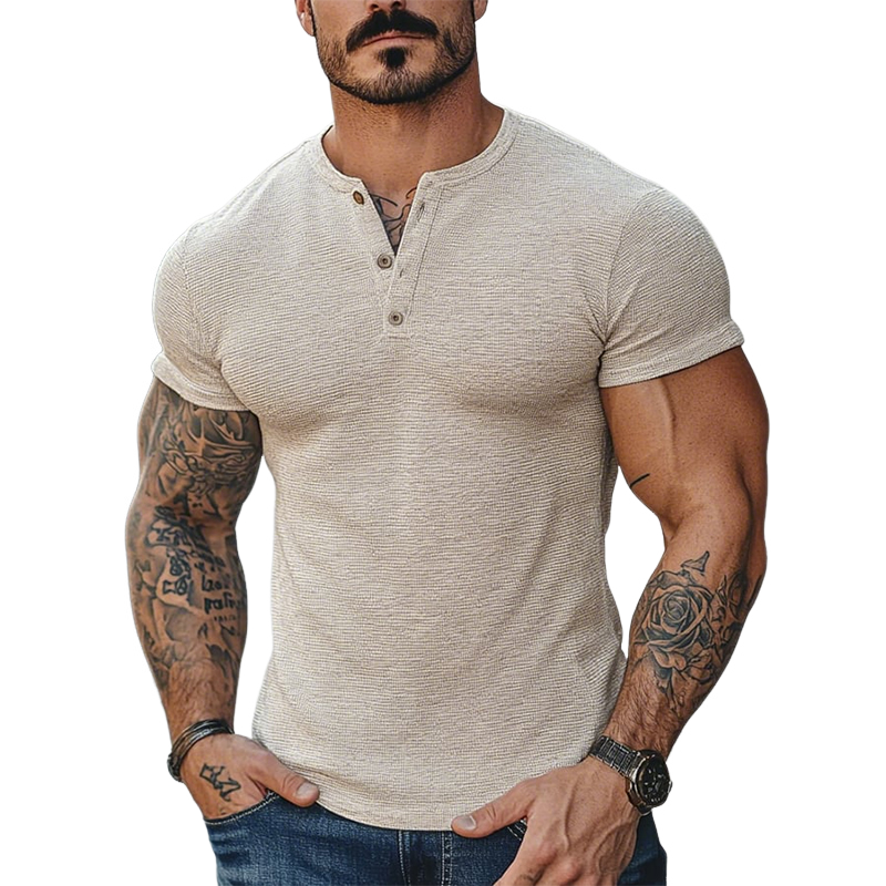 Men's Vintage Casual Henley Neck Short Sleeve T-Shirt MTA2566D1TO