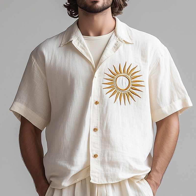 Men's Summer Comfortable Breathable Embroidered Linen Short Sleeve Shirt MTA2786D4P