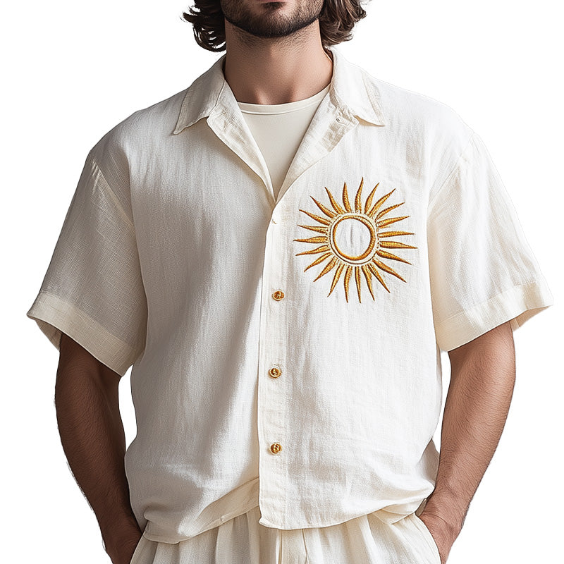 Men's Summer Comfortable Breathable Embroidered Linen Short Sleeve Shirt MTA2786D4P