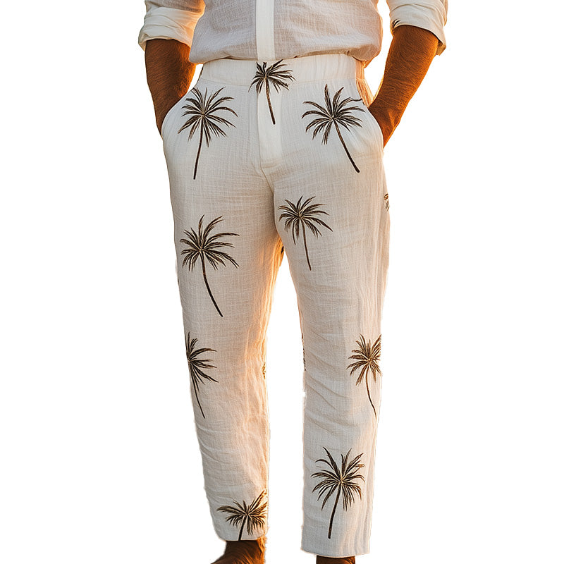 Men's Summer Fashion Palm Leaf Embroidery Linen Breathable Trousers MTA2795D9P