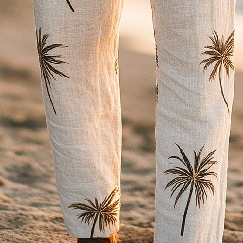Men's Summer Fashion Palm Leaf Embroidery Linen Breathable Trousers MTA2795D9P