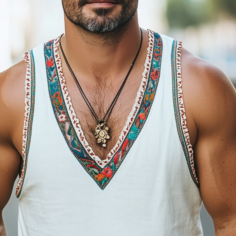 Men's Summer V-neck Embroidered Tank Top MTA2728D3U