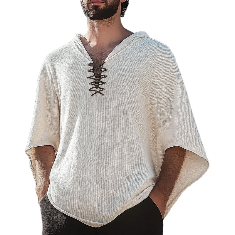 Men's Summer Textured Lace-Up Batwing Sleeve Hoodie MTA2722D3U
