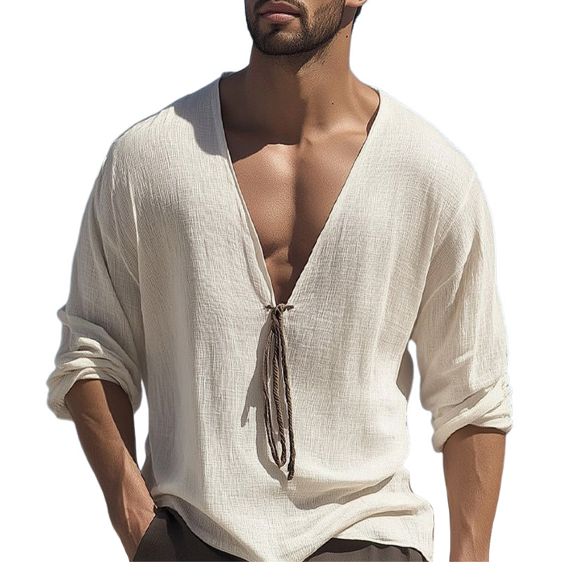 Men's Deep V-neck Lace-up Textured Casual Long-sleeved T-shirt MTA2726D5U