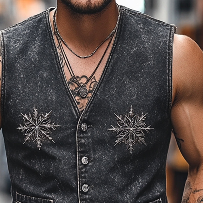 Men's Vintage V-Neck Denim Embroidered Vest MTA2754D5X
