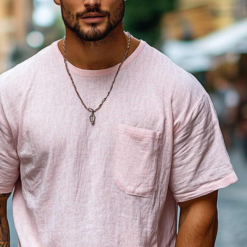 Men's Solid Color Round Neck Pocket Short Sleeve T-Shirt MTA2797D2X