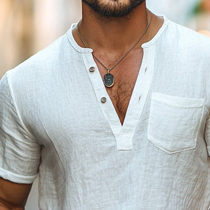 Men's Cotton and Linen V-Neck Pullover Short Sleeve T-Shirt MTA2780D4X