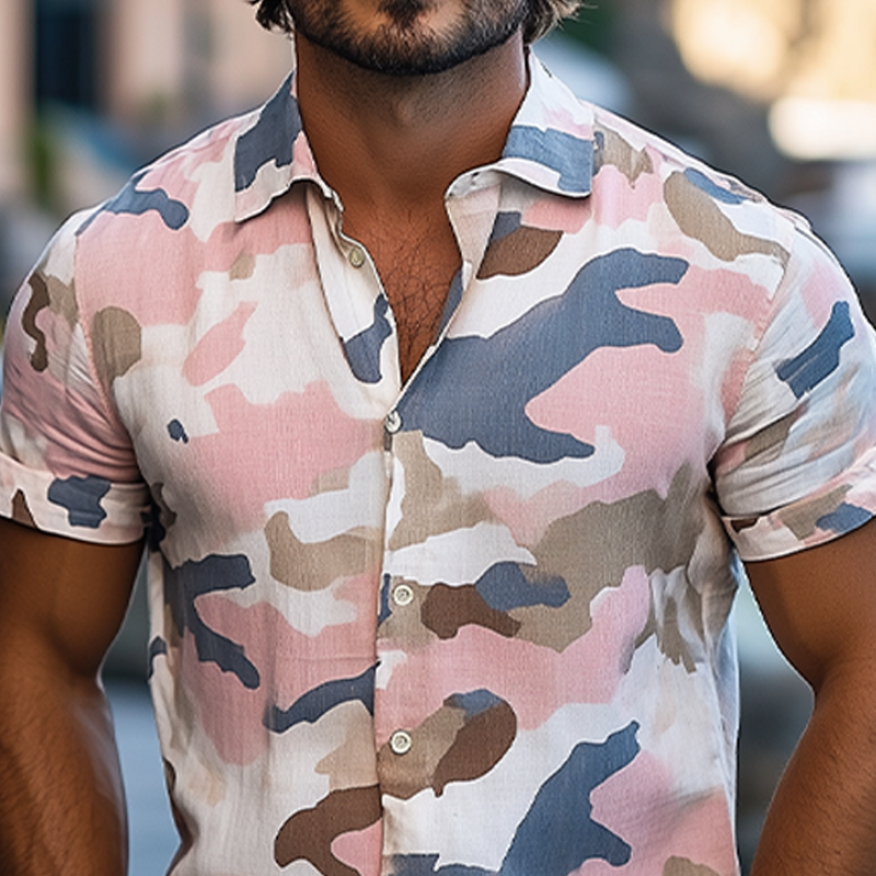 Men's Summer Fashion Casual Cotton and Linen Camouflage Print Short-sleeved Shirt MTA2709D3K