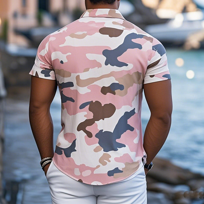 Men's Summer Fashion Casual Cotton and Linen Camouflage Print Short-sleeved Shirt MTA2709D3K