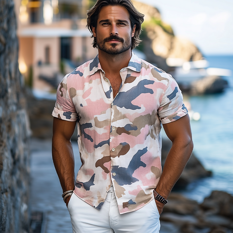 Men's Summer Fashion Casual Cotton and Linen Camouflage Print Short-sleeved Shirt MTA2709D3K