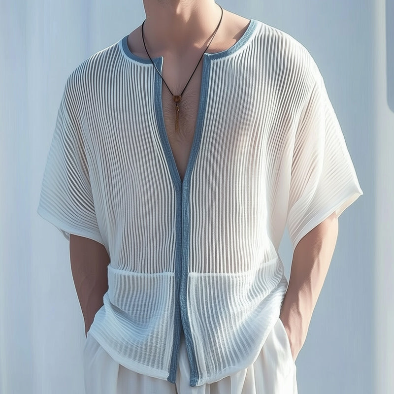 Men's Classic Deep V Neck Textured Striped Loose T-Shirt MTA2797D1U