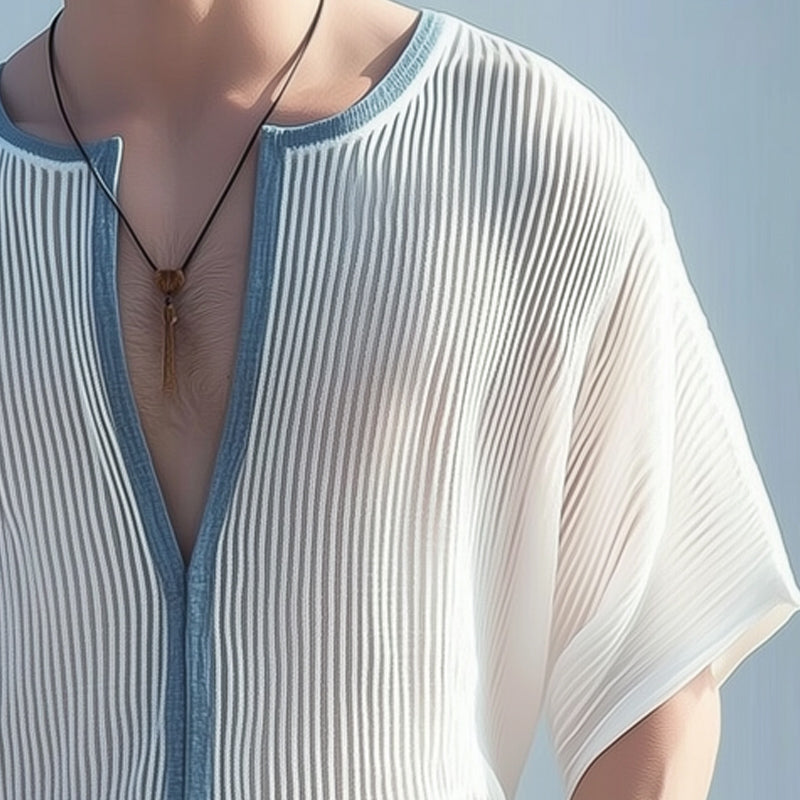 Men's Classic Deep V Neck Textured Striped Loose T-Shirt MTA2797D1U