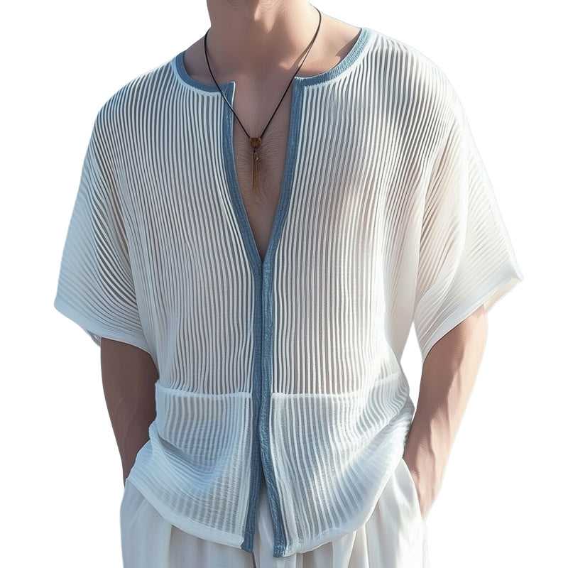 Men's Classic Deep V Neck Textured Striped Loose T-Shirt MTA2797D1U