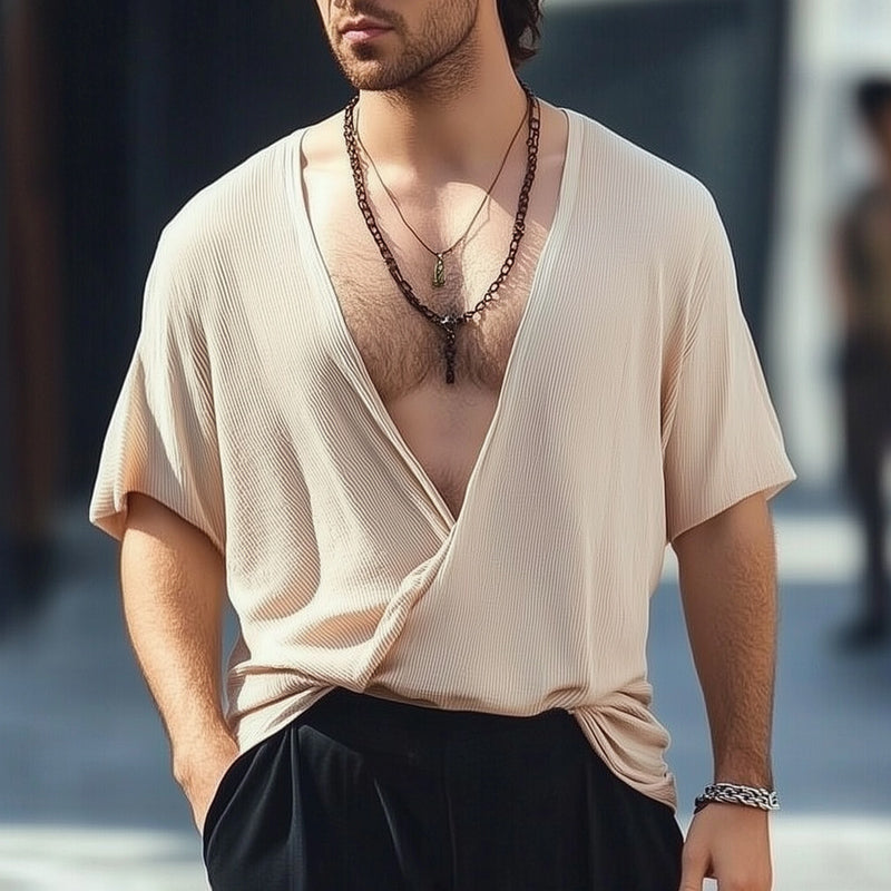 Men’s Classic Deep V-Neck Textured Loose T-Shirt MTA2781D3U