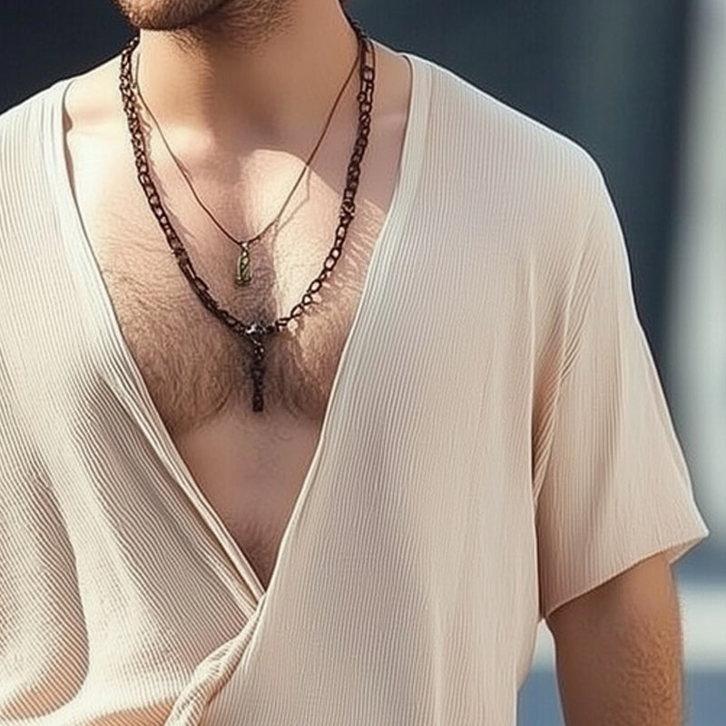 Men’s Classic Deep V-Neck Textured Loose T-Shirt MTA2781D3U