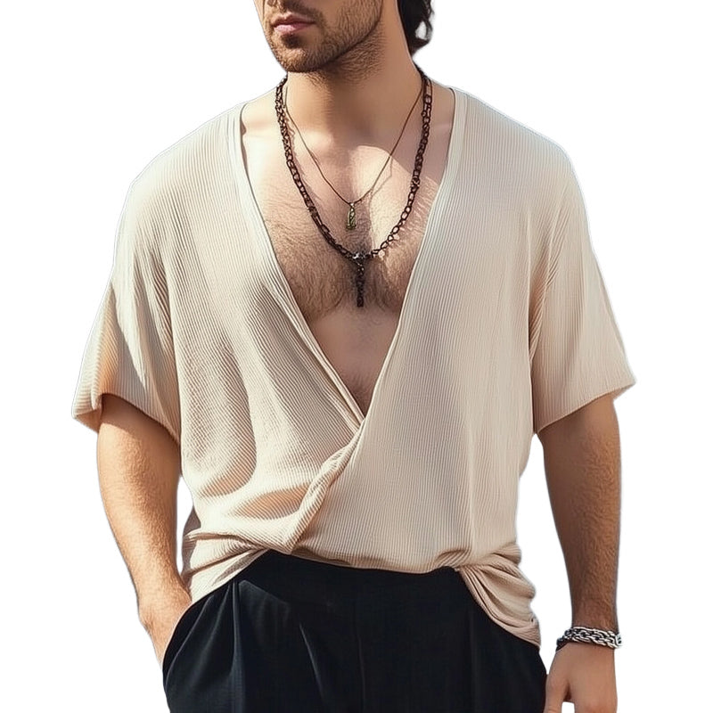 Men’s Classic Deep V-Neck Textured Loose T-Shirt MTA2781D3U