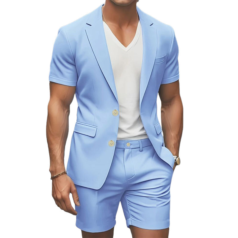 Men's Summer Classic Solid Color Suit Short Sleeve Shorts Set MTA2770D4U