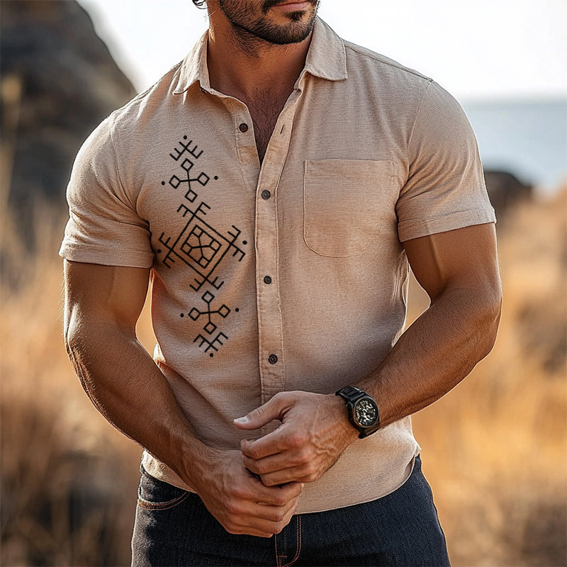 Men's Retro Casual Totem Print Lapel Short Sleeve Shirt MTA2714D8TO