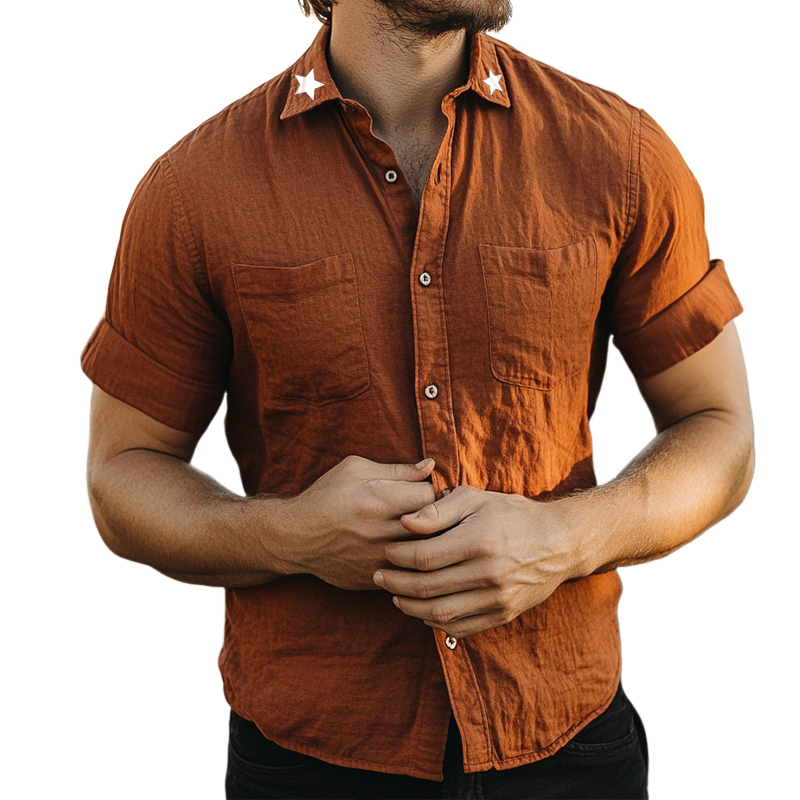 Men's Retro Washed Star Lapel Linen Short Sleeve Shirt MTA2568D3TO