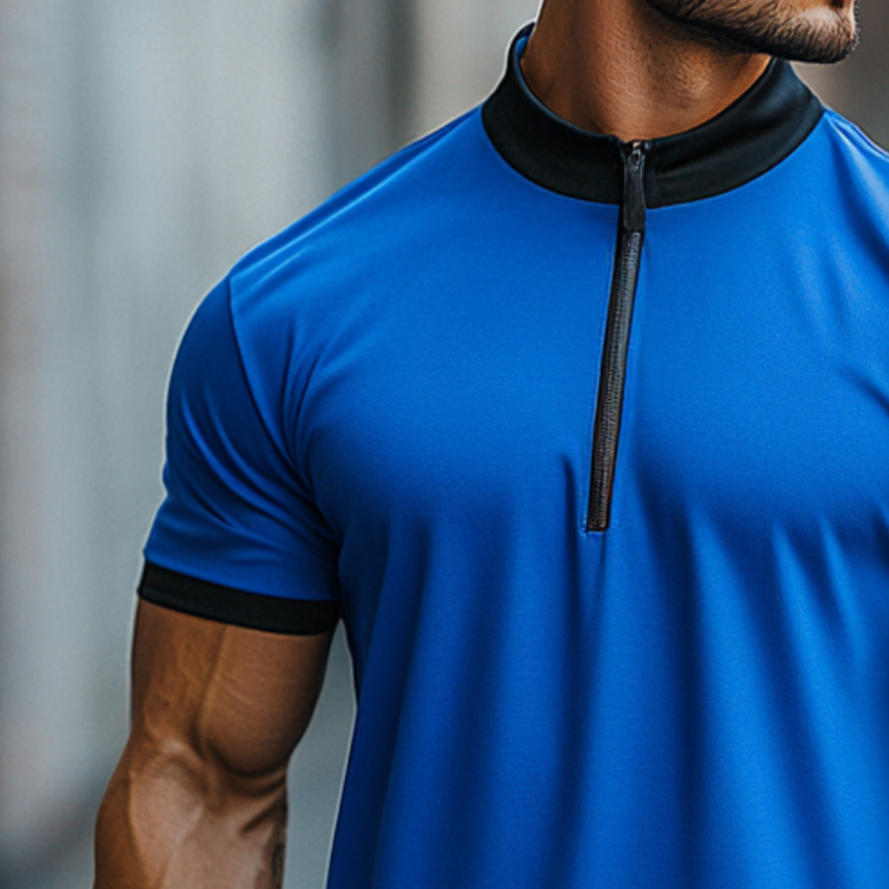 Men's Retro Casual Cotton Colorblock Zipper Stand Collar Short Sleeve T-shirt MTA2568D0TO