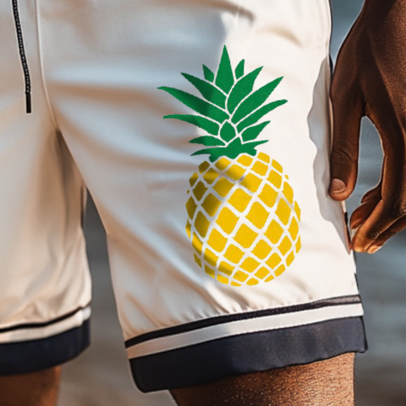 Men's Retro Casual Hawaiian Pineapple Print Beach Drawstring Shorts MTA2595D3TO
