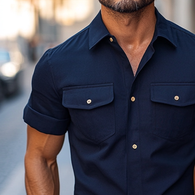 Men's Vintage Casual Cotton Lapel Pocket Short Sleeve Shirt MTA2568D7TO