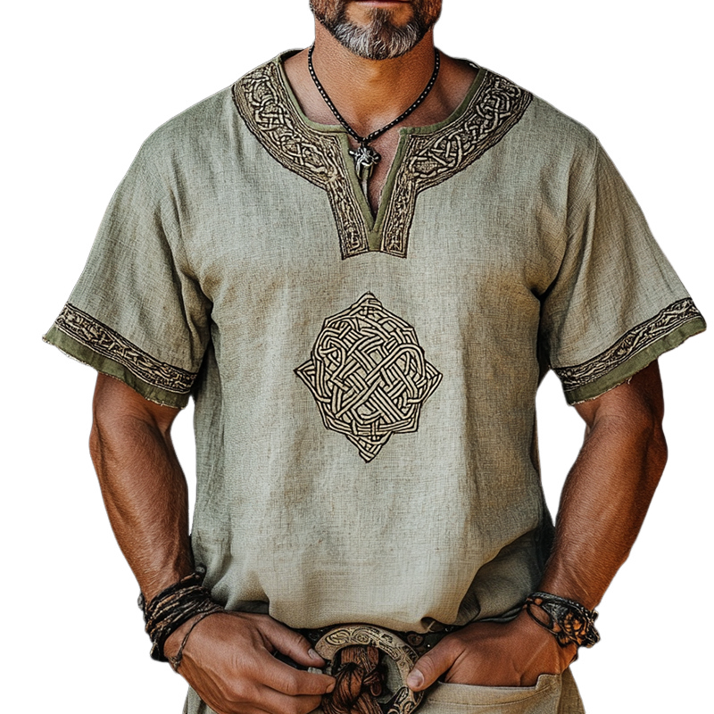 Men's Retro Casual Viking Totem Collarless Linen Short Sleeve Shirt MTA2516D3TO