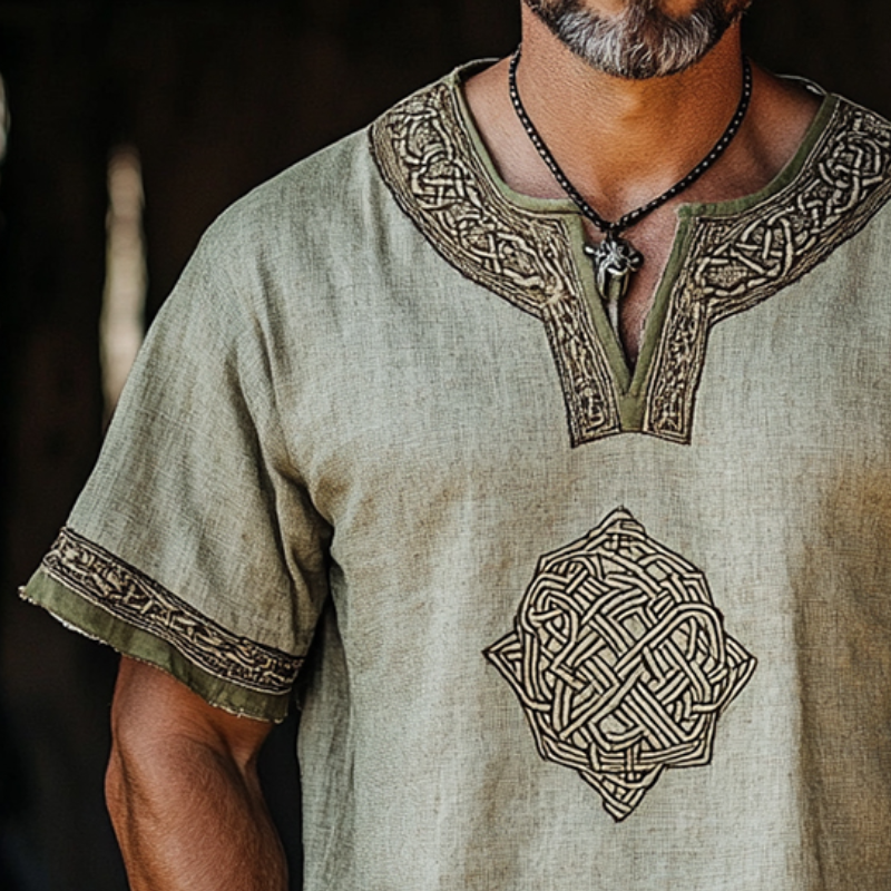 Men's Retro Casual Viking Totem Collarless Linen Short Sleeve Shirt MTA2516D3TO
