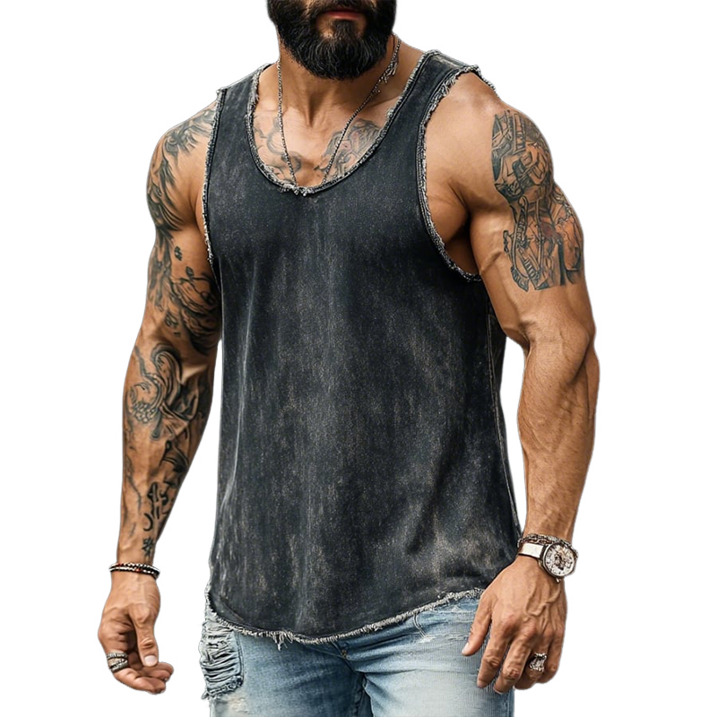 Men's Retro Casual Washed Distressed Denim Round Neck Tank Top MTA2585D8TO