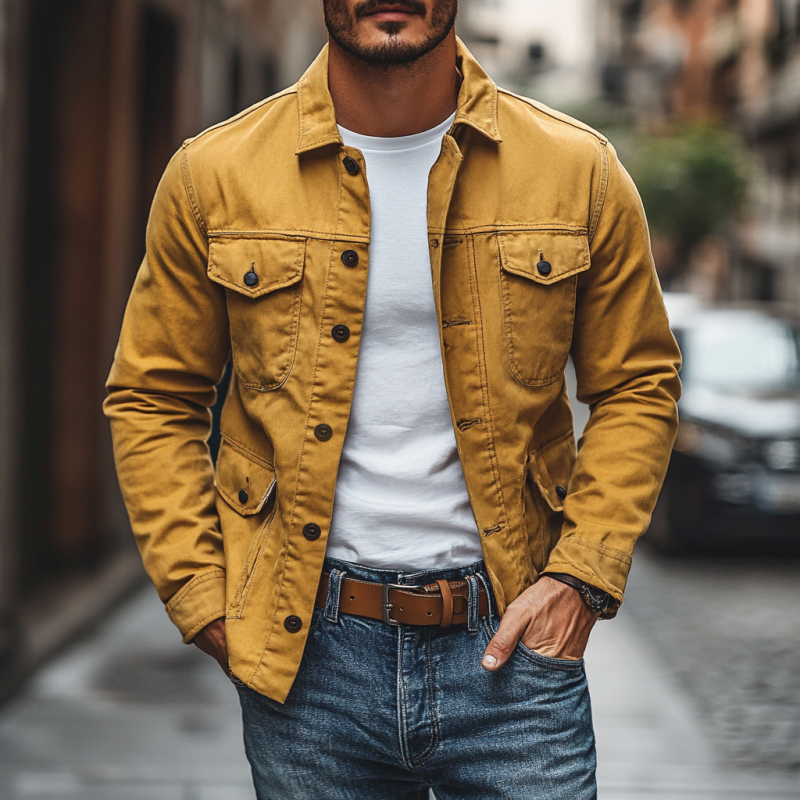 Men's Casual Premium Cotton Washed Lapel Multi-Pocket Single Breasted Work Jacket MTA2562D8M