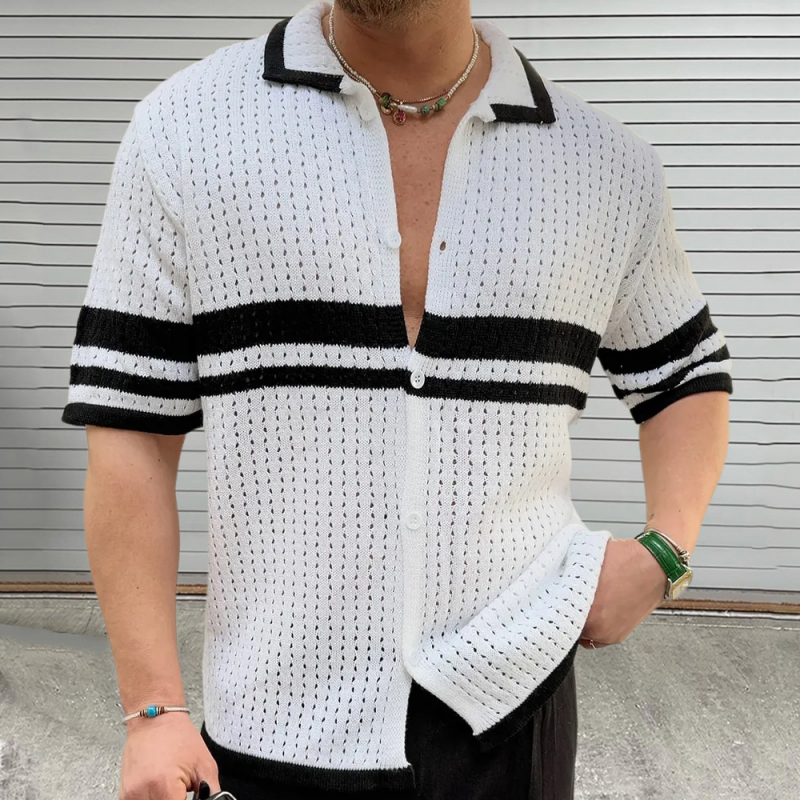 Men's Casual Color Block Striped Lapel Single Breasted Slim Fit Knitted Short Sleeve Shirt MTA2758D3M