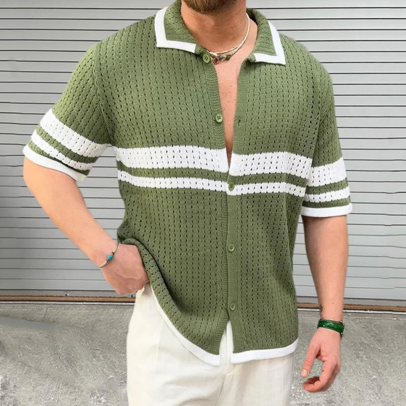 Men's Casual Color Block Striped Lapel Single Breasted Slim Fit Knitted Short Sleeve Shirt MTA2758D3M