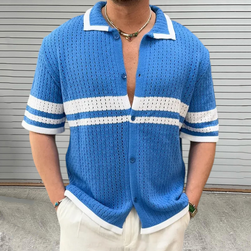 Men's Casual Color Block Striped Lapel Single Breasted Slim Fit Knitted Short Sleeve Shirt MTA2758D3M