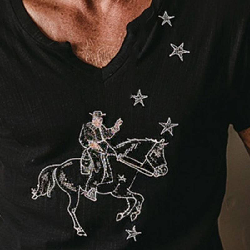 Men's Summer Cowboy Outfit Embroidered Linen Short Sleeve T-Shirt MTA2732D8P