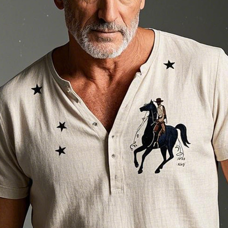 Men's Summer Fashion Denim Style Printed Short Sleeve Henley Shirt MTA2762D4P