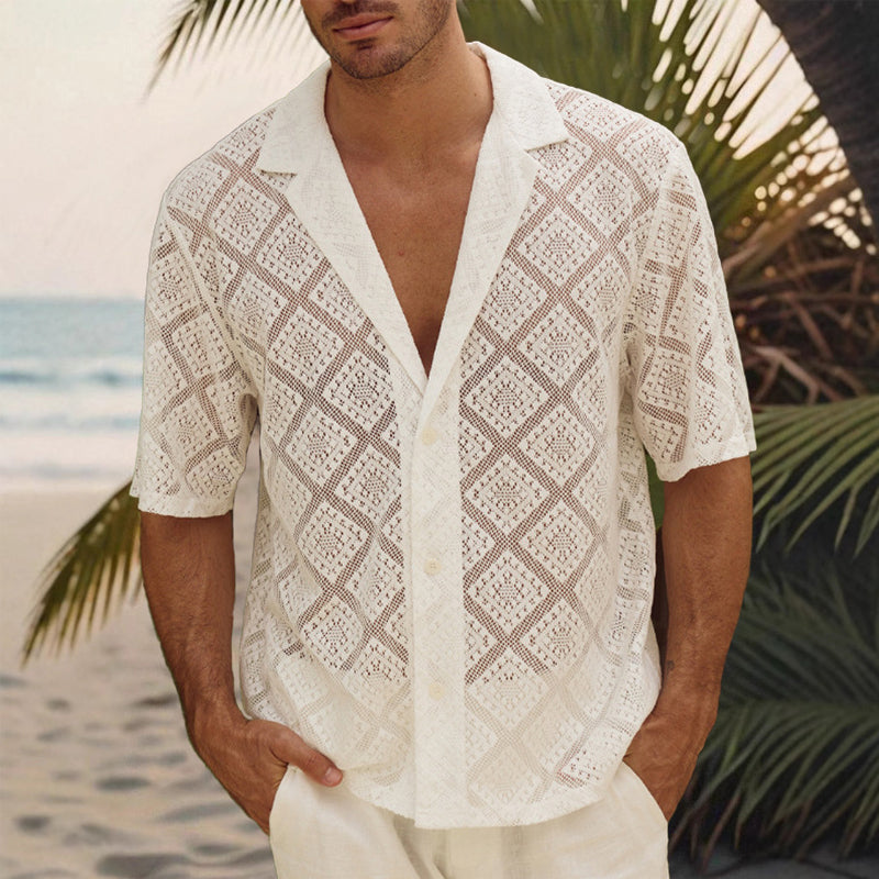 Men's Vacation Solid Lace Short Sleeve Shirt MTA2719D9X
