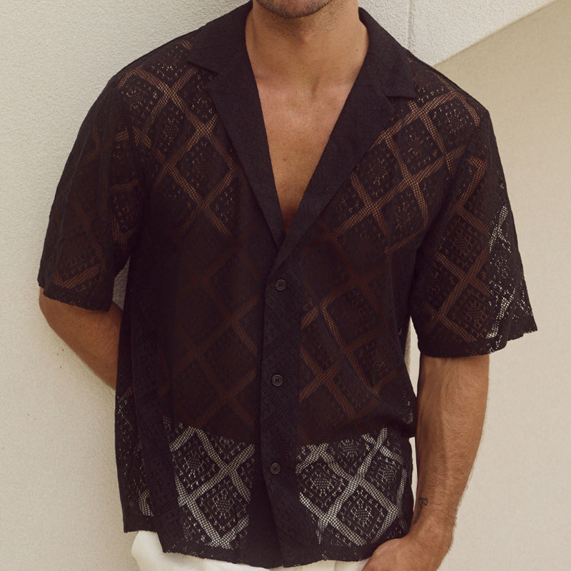 Men's Vacation Solid Lace Short Sleeve Shirt MTA2719D9X